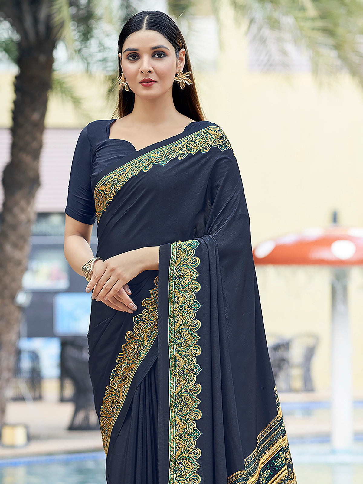 Navy printed crepe silk casual saree with contrast border and pallu