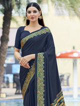 Navy printed crepe silk casual saree with contrast border and pallu