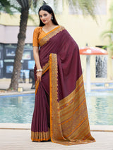Wine printed crepe silk casual saree with unstitched blouse