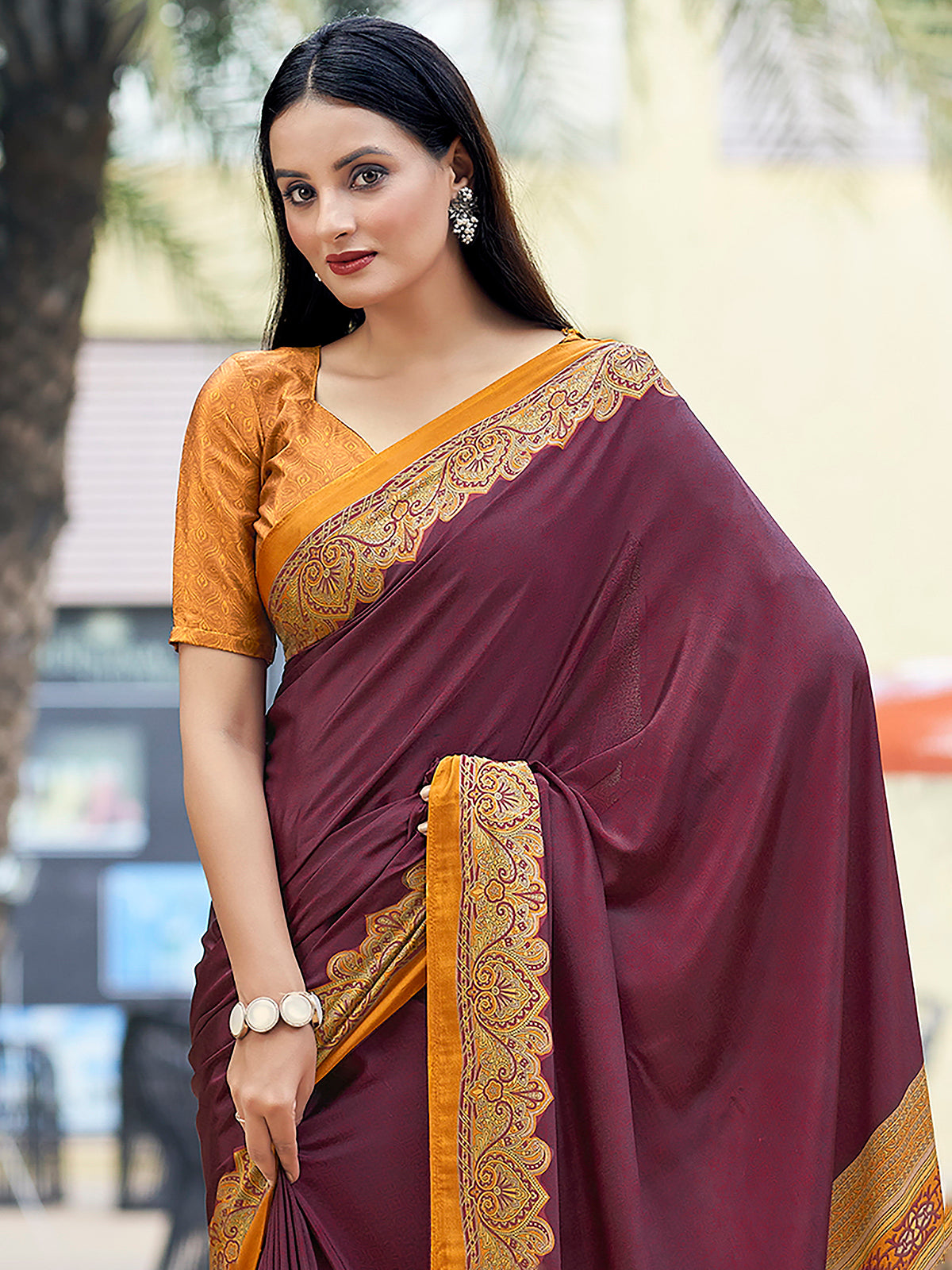 Wine printed crepe silk casual saree with unstitched blouse