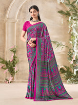 Rani pink floral printed crepe silk elegant everyday casual wear saree