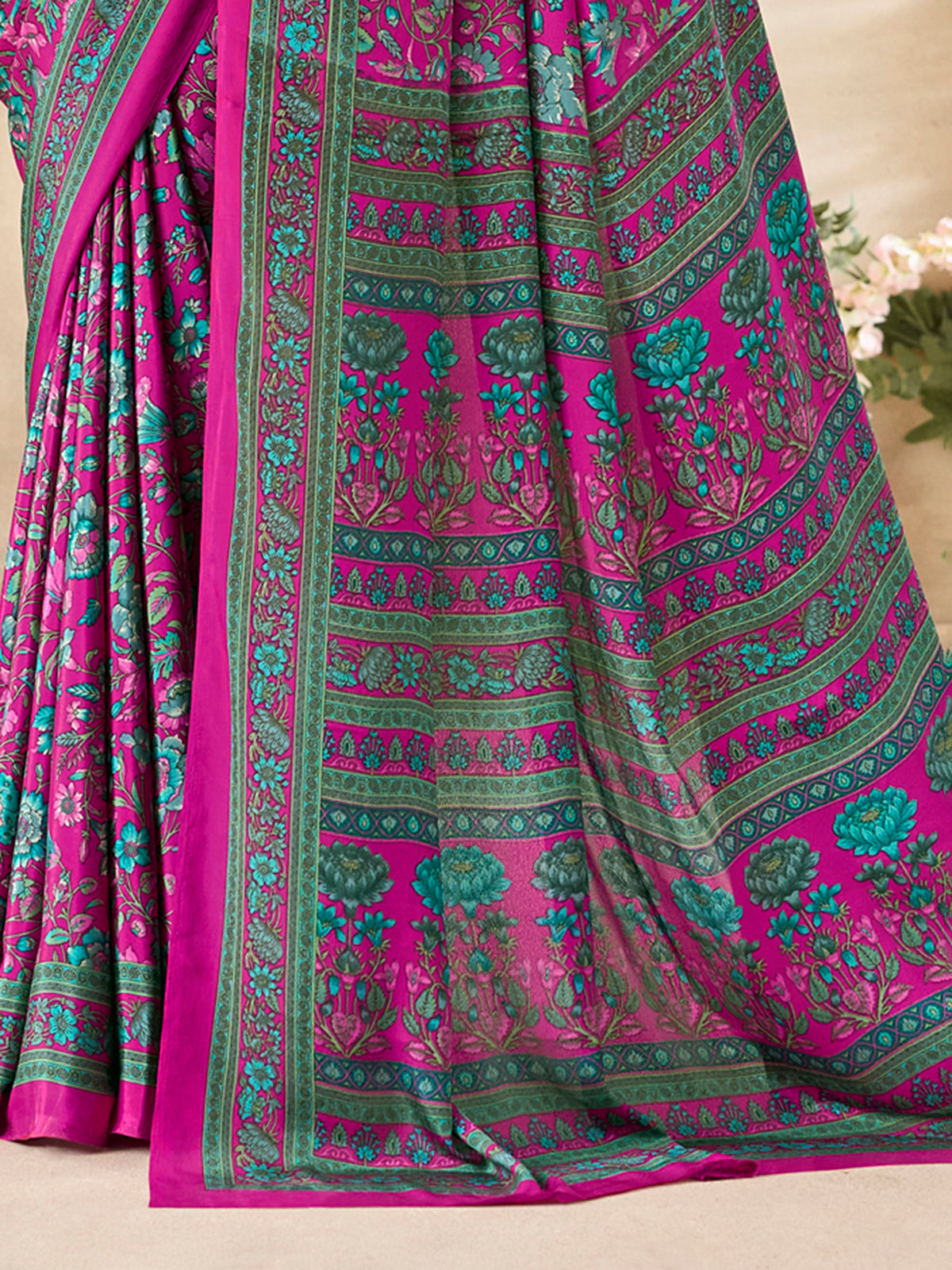 Rani pink floral printed crepe silk elegant everyday casual wear saree