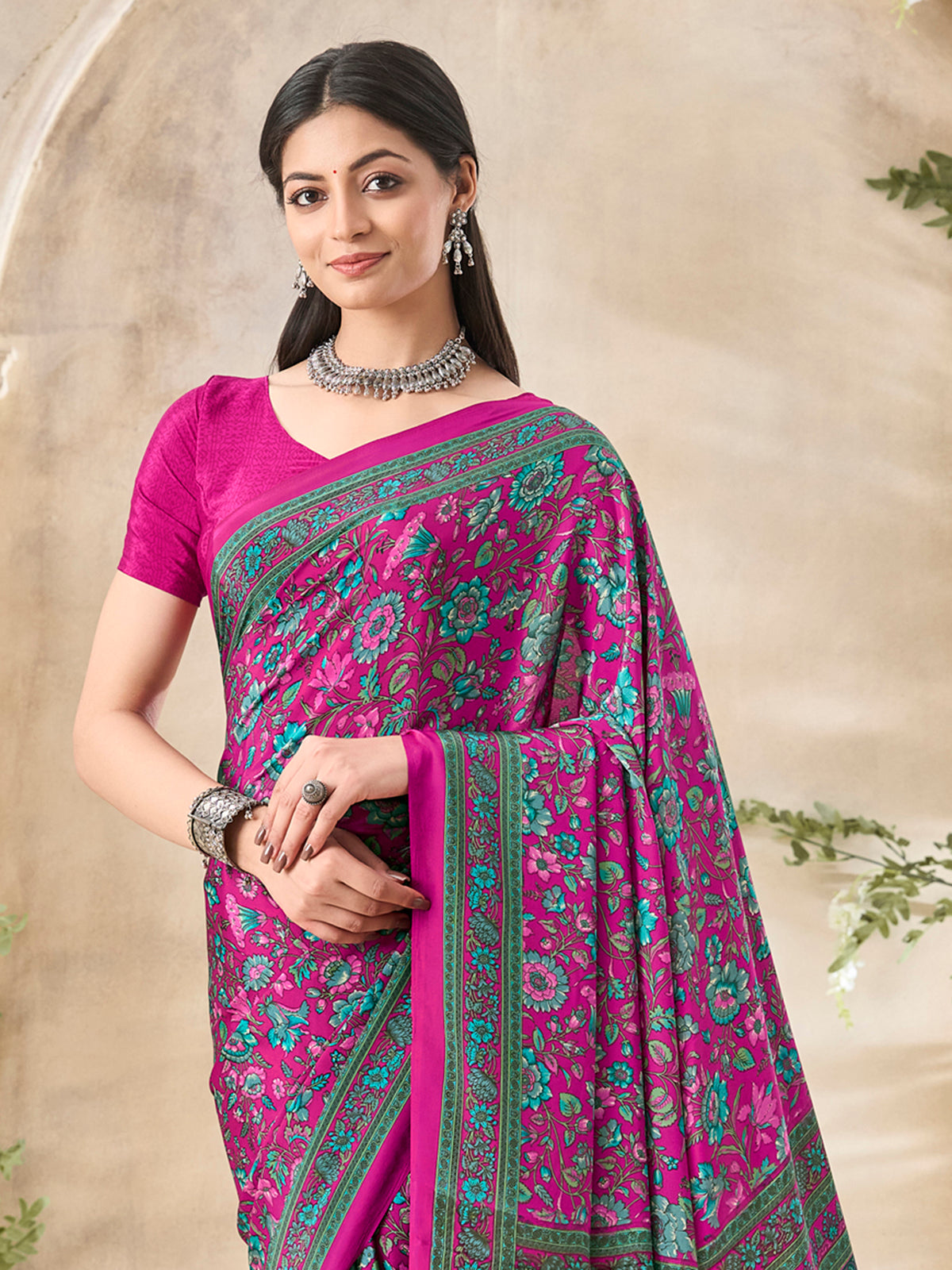 Rani pink floral printed crepe silk elegant everyday casual wear saree