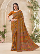 Rust yellow floral printed crepe silk fashionable casual wear saree for women