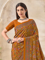Rust yellow floral printed crepe silk fashionable casual wear saree for women