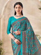 Aqua blue floral printed crepe silk elegant casual wear saree design