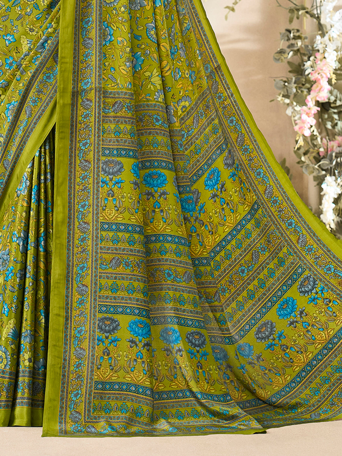 Mehendi green floral printed crepe silk stylish casual saree for women