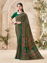 Green floral printed crepe silk elegant daily wear casual saree design