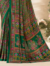 Green floral printed crepe silk elegant daily wear casual saree design