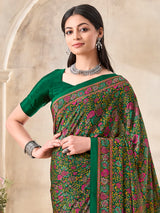 Green floral printed crepe silk elegant daily wear casual saree design
