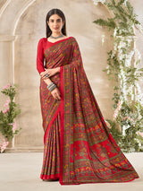 Red floral printed crepe silk graceful everyday casual wear saree design