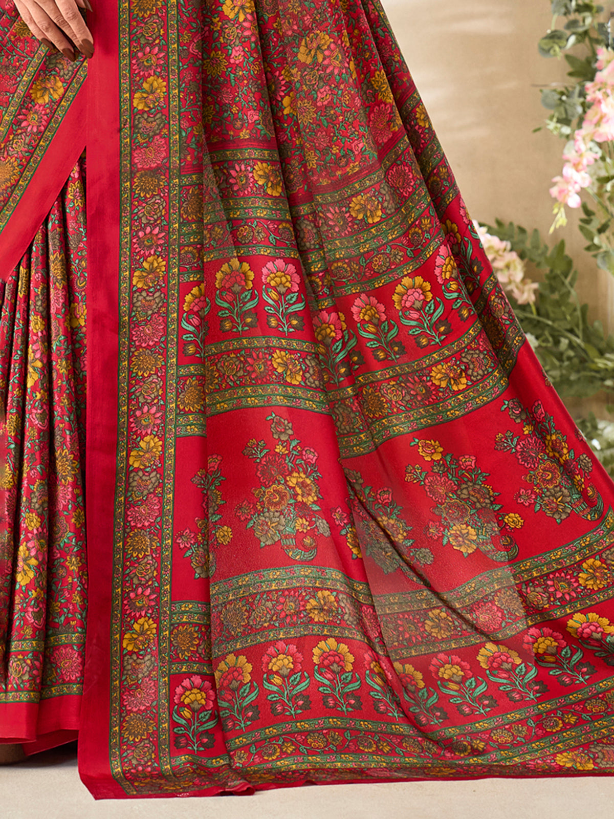 Red floral printed crepe silk graceful everyday casual wear saree design