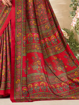 Red floral printed crepe silk graceful everyday casual wear saree design