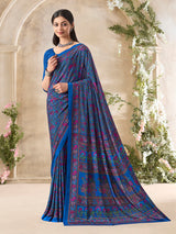 Blue floral printed crepe silk refined casual ethnic saree for women