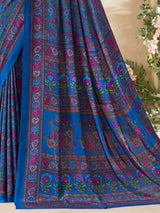 Blue floral printed crepe silk refined casual ethnic saree for women