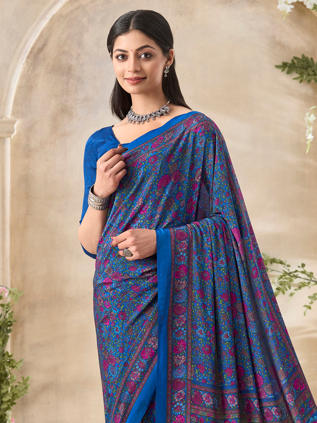 Blue floral printed crepe silk refined casual ethnic saree for women