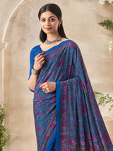 Blue floral printed crepe silk refined casual ethnic saree for women