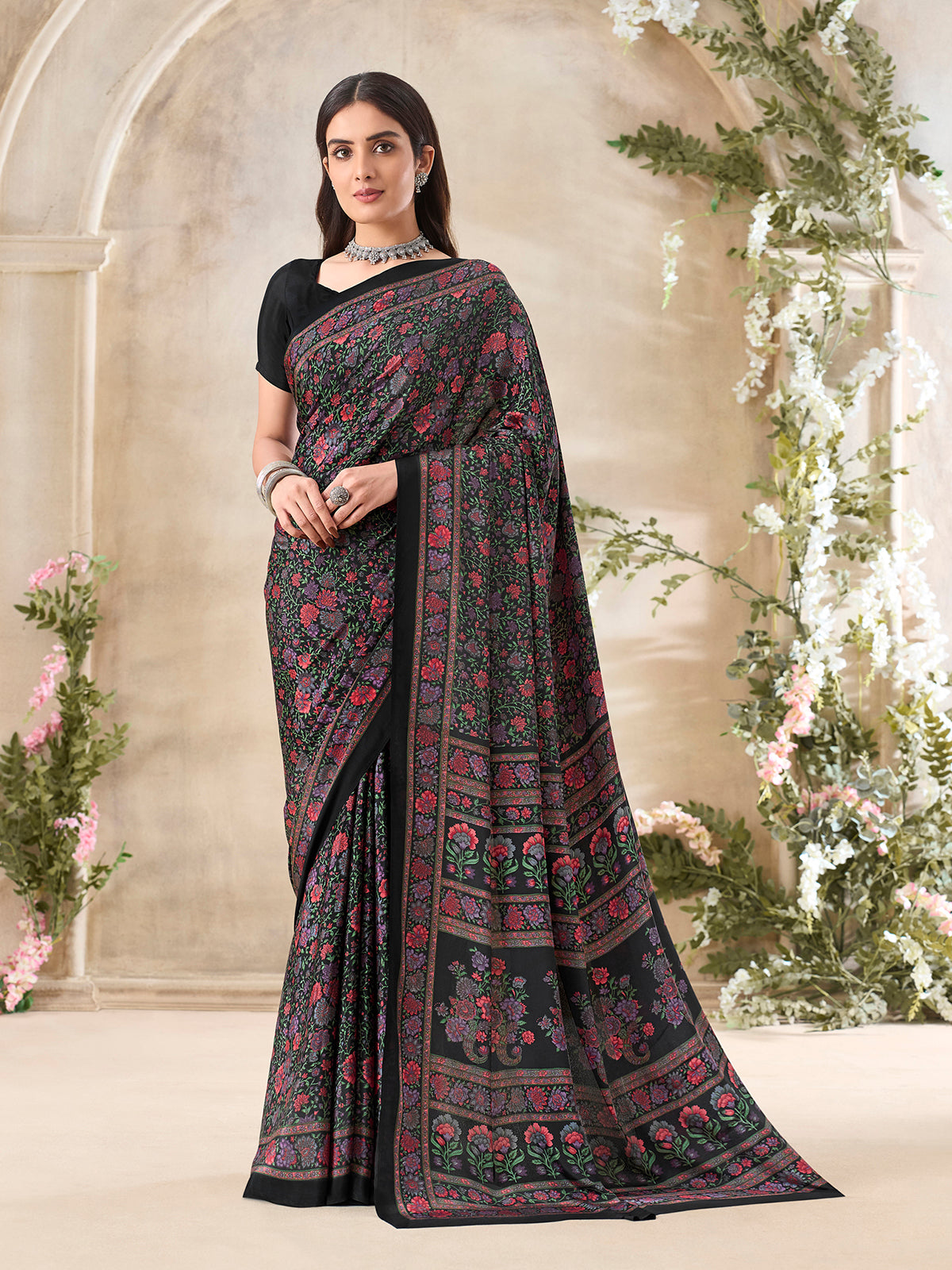 Black floral printed crepe silk timeless casual wear saree for women