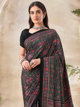 Black floral printed crepe silk timeless casual wear saree for women