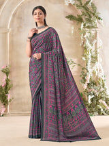 Charcoal grey floral printed crepe silk elegant casual saree for women