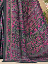 Charcoal grey floral printed crepe silk elegant casual saree for women