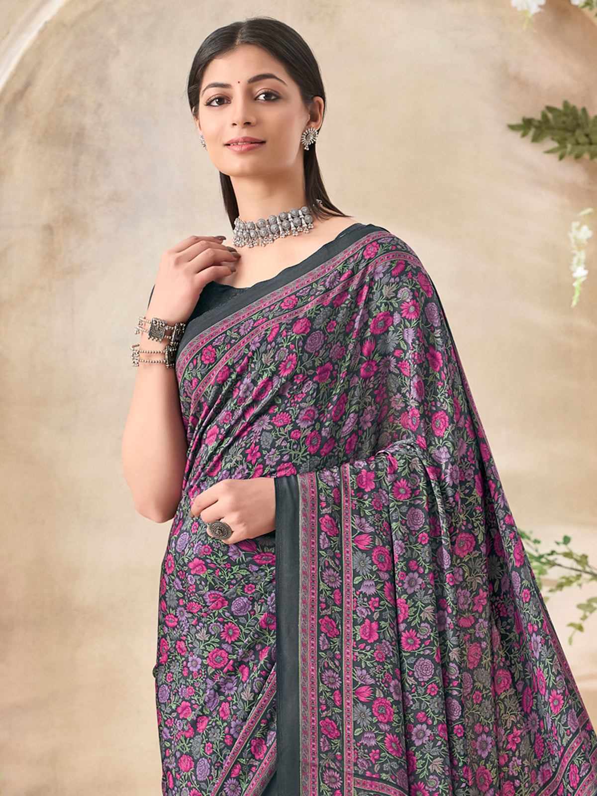 Charcoal grey floral printed crepe silk elegant casual saree for women