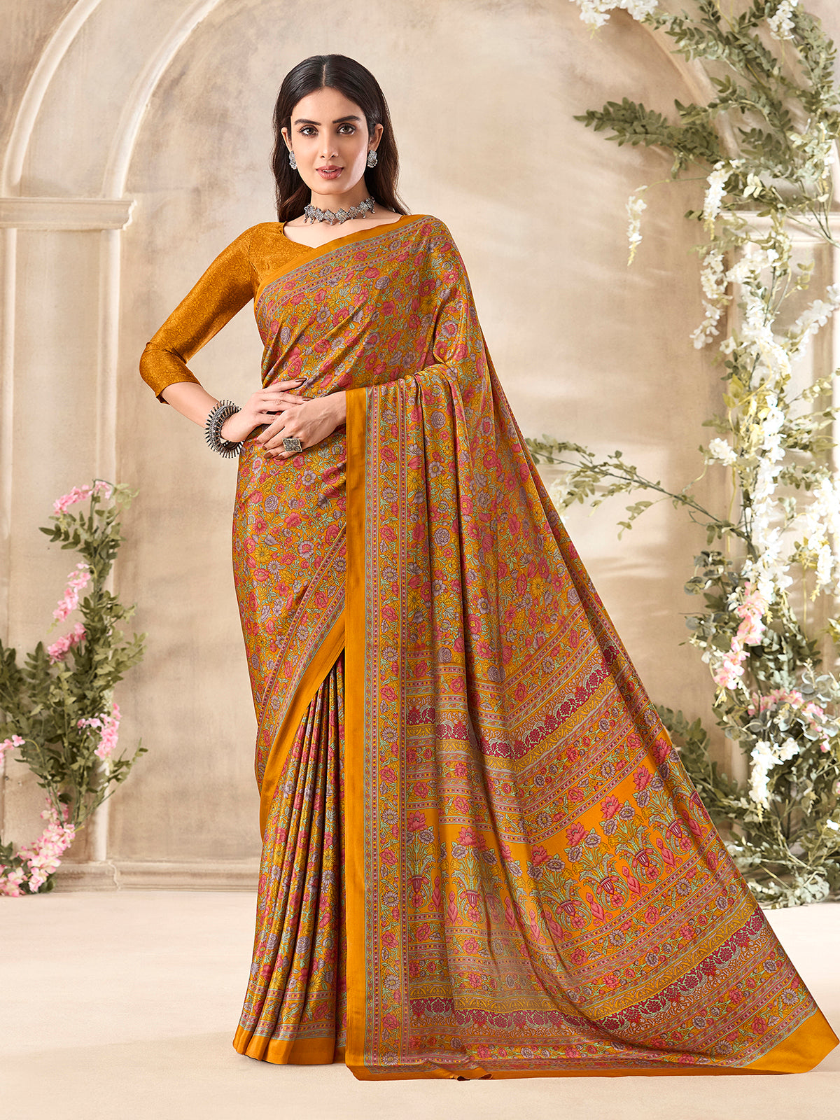 Mustard yellow floral printed crepe silk graceful casual wear saree design