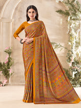 Mustard yellow floral printed crepe silk graceful casual wear saree design