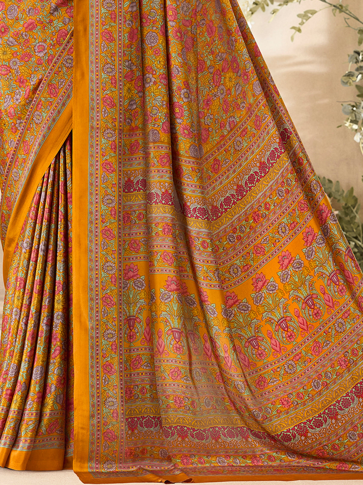 Mustard yellow floral printed crepe silk graceful casual wear saree design