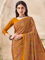 Mustard yellow floral printed crepe silk graceful casual wear saree design