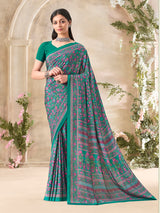 Green floral printed crepe silk stylish casual saree for everyday elegance