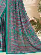 Green floral printed crepe silk stylish casual saree for everyday elegance