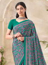 Green floral printed crepe silk stylish casual saree for everyday elegance