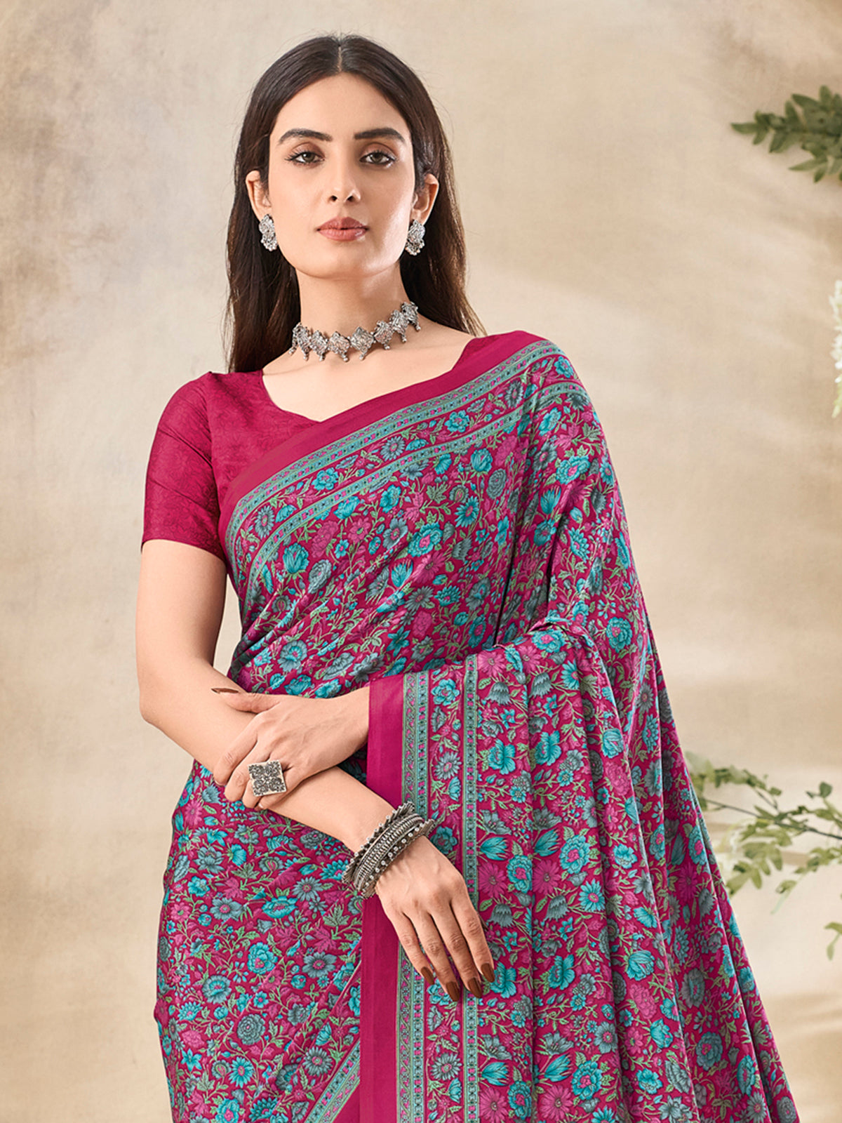Wine floral printed crepe silk elegant casual wear saree for women