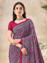 Wine floral printed crepe silk elegant casual wear saree for women