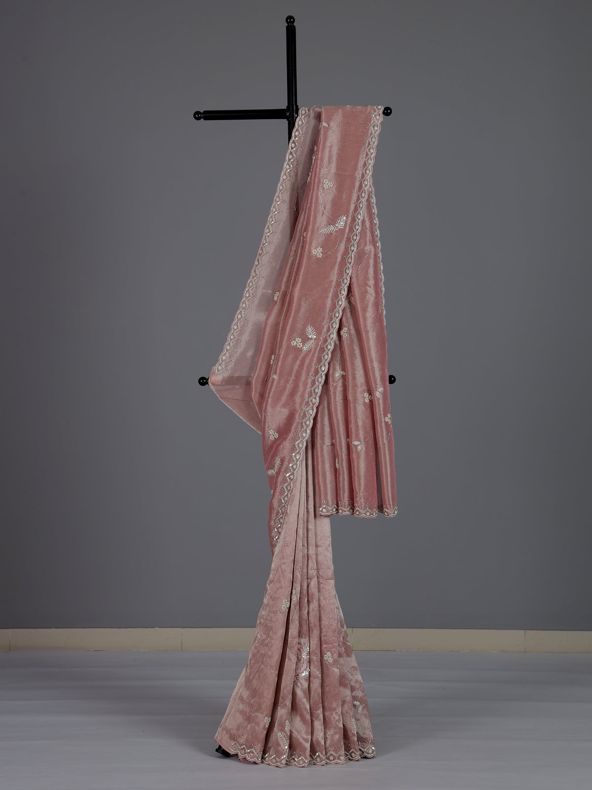 Stylish onion pink tissue silk saree for festive celebrations
