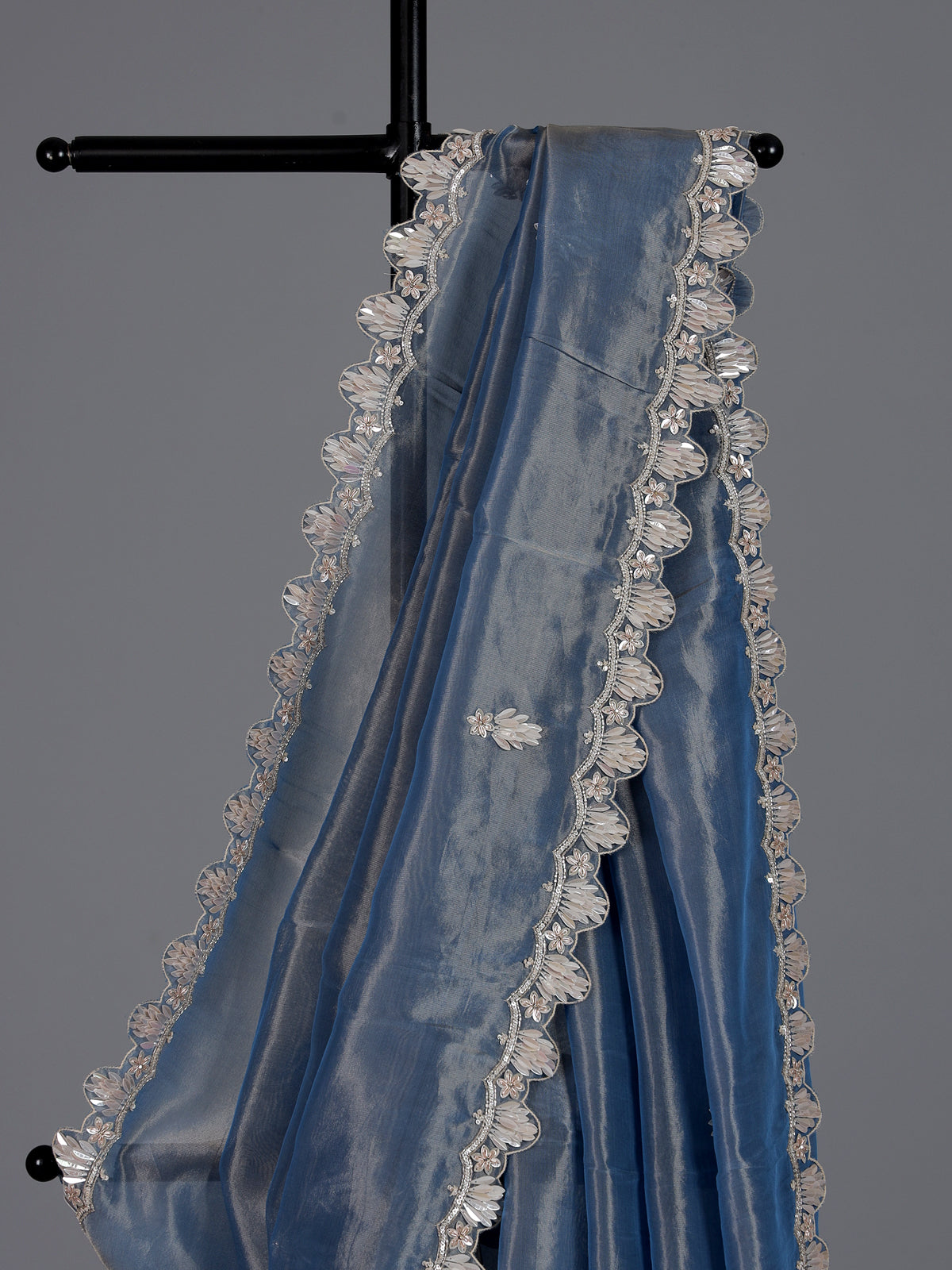Elegant stone blue tissue silk saree for reception and party