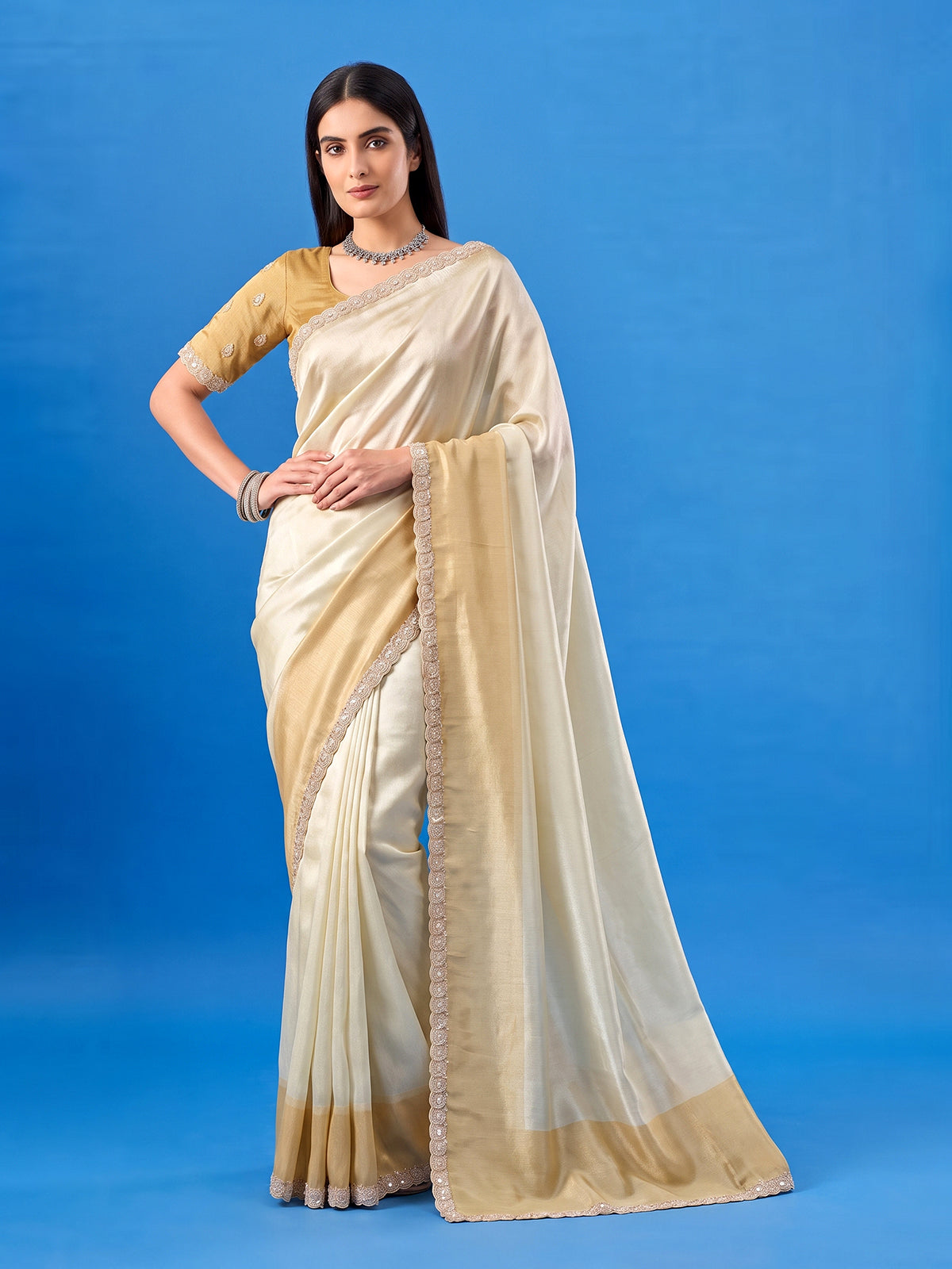 Classic white tissue silk saree with contrast border for women