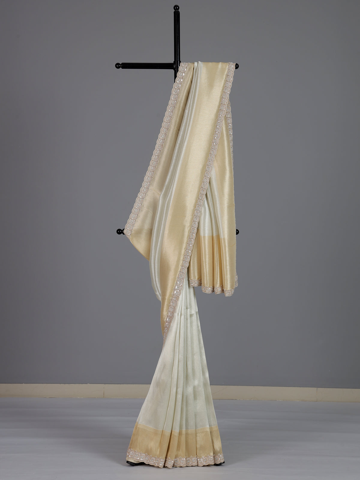 Classic white tissue silk saree with contrast border for women
