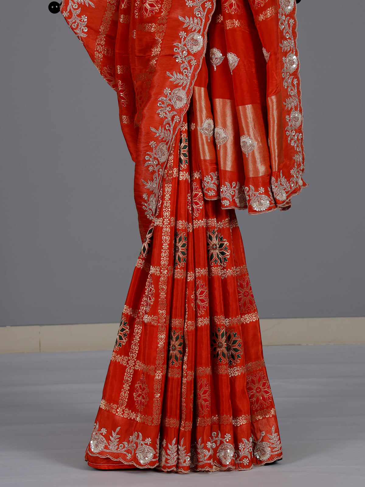 Designer reddish orange dola silk saree for wedding functions