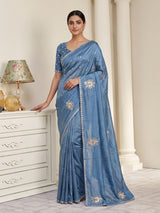 Stone blue shimmer dola silk designer saree with luxurious embellishments