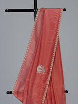 Pastel peach shimmer dola silk designer saree with radiant embellishments