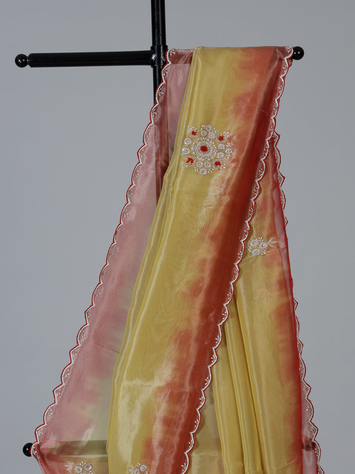 Yellow shaded tissue silk festive saree with graceful handcrafted elegance