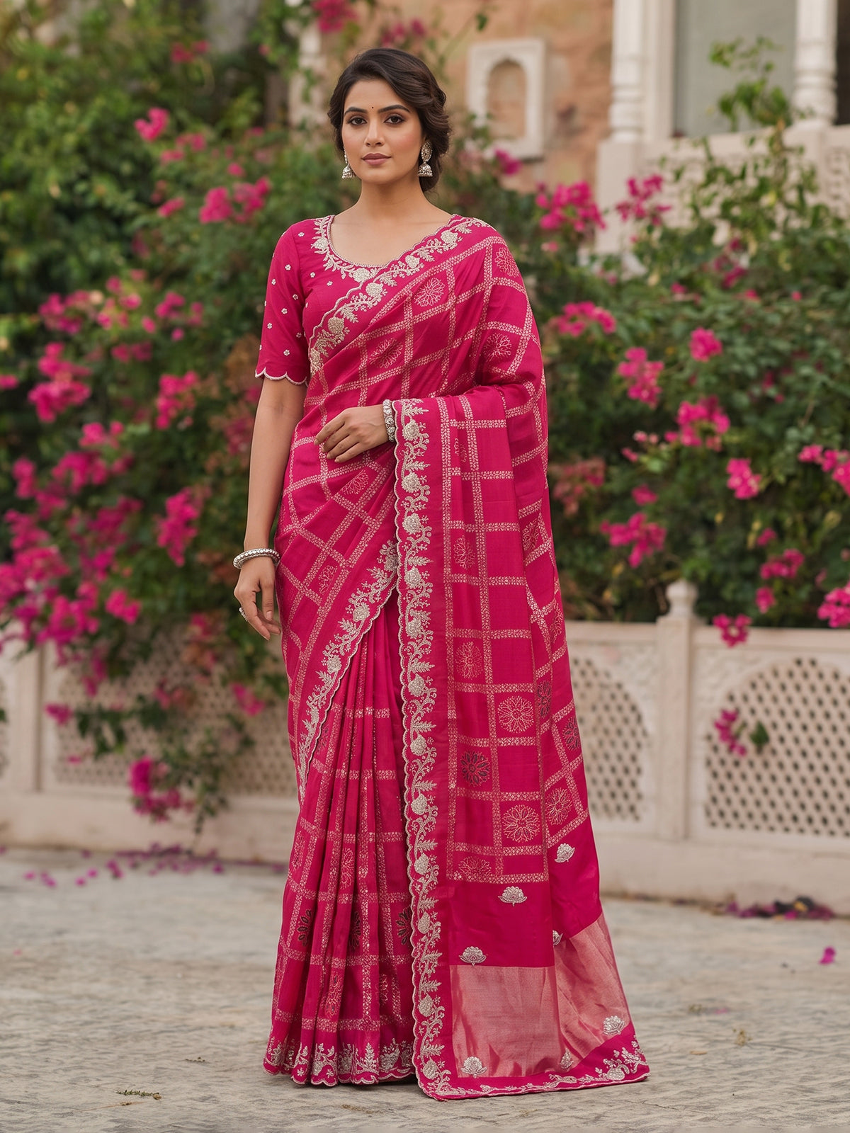 Rani pink dola silk elegant saree for festive and wedding celebrations