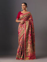 Rani pink art patola silk saree with elegant animal and bird motifs