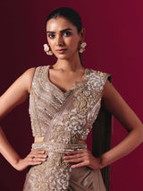 Pastel beige lycra designer ready to wear saree with elegant waist belt