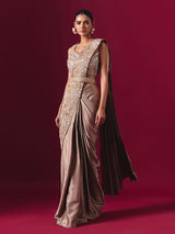 Pastel beige lycra designer ready to wear saree with elegant waist belt