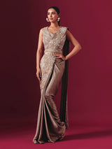 Pastel beige lycra designer ready to wear saree with elegant waist belt