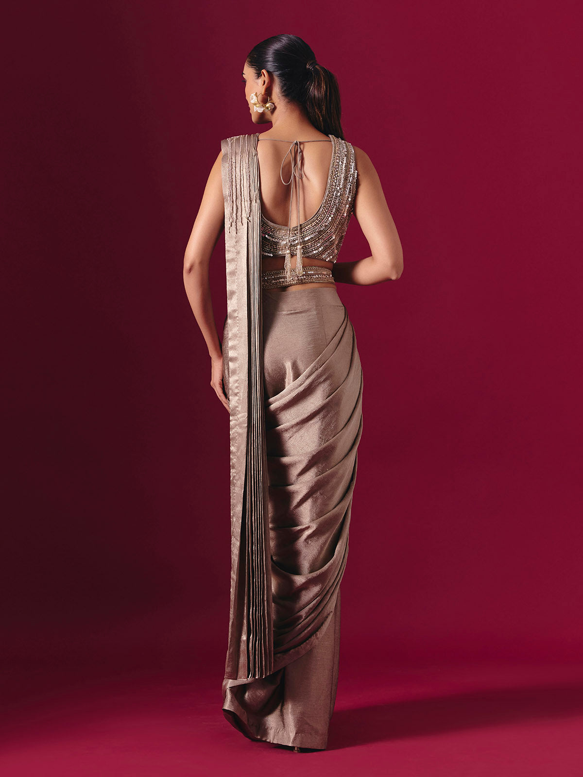 Pastel beige lycra designer ready to wear saree with elegant waist belt