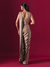 Pastel beige lycra designer ready to wear saree with elegant waist belt